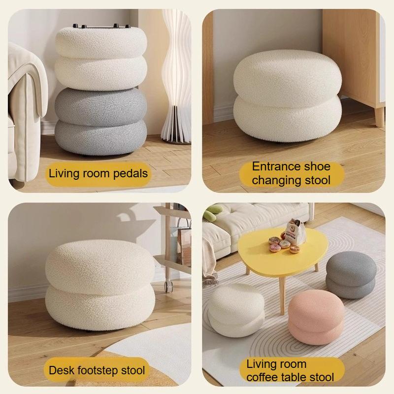 Modern Cream Round Stool - Low Seating for Living Room Sofa, Bedroom & Shoe Changing, Velvet Upholstered Home Decor Accent Piece