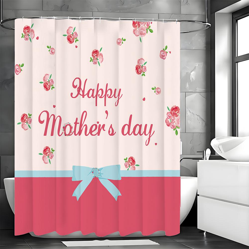 Happy Mother's Day Pink Floral Blue Bow Shower Curtain, Bathroom Decorative Shower Curtain, Waterproof Shower Curtain with Hooks