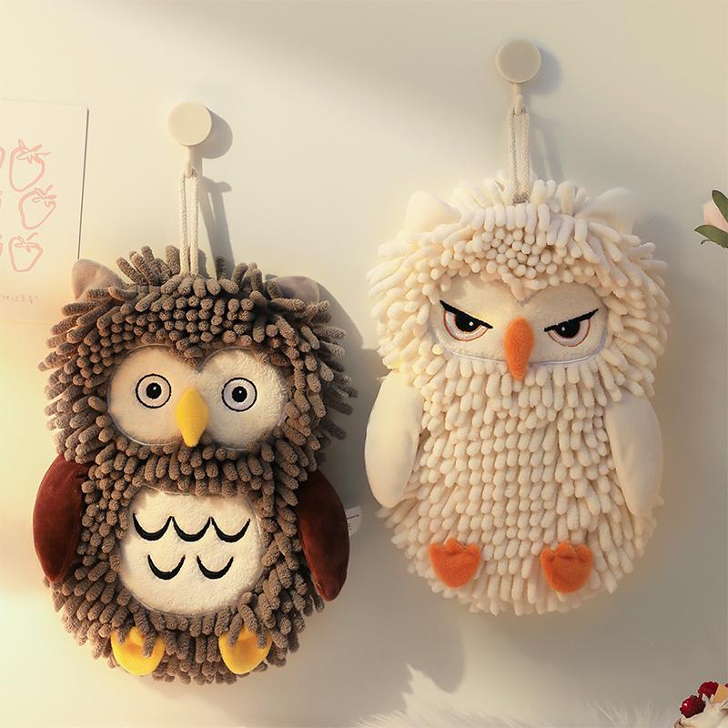 Cartoon Owl Chenille Hand Towel With Fuzzy Balls, Absorbent Fast-Drying Soft Hanging Towels For Bathroom And Kitchen