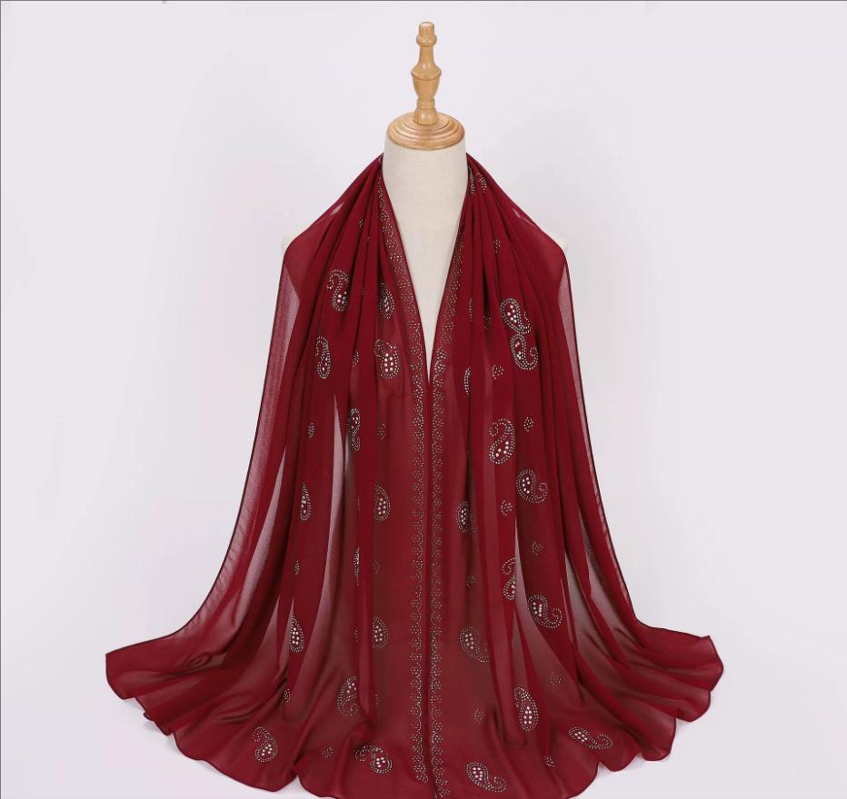 Fashion Muslim Chiffon Hijab With Rhinestones Diamonds Solid Headscarf Wraps Ramadan Islam Scarf For Women Turban Headband