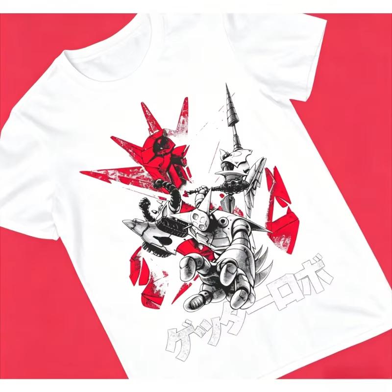 Getter Robo Super Robot Print Vintage Washed Unisex Harajuku Style Loose Crew Neck Cotton Short Sleeve Women And Men T-shirt