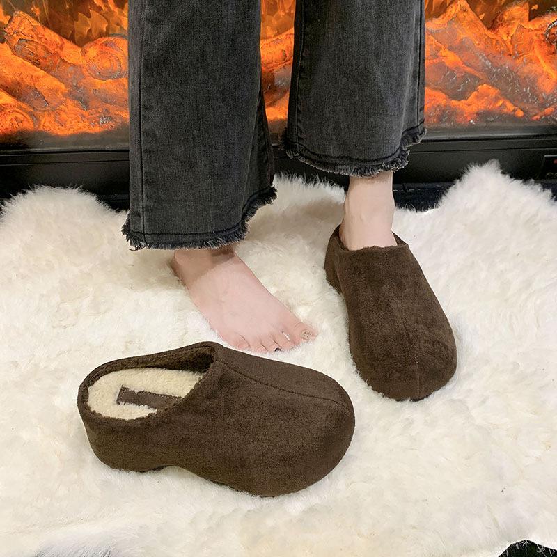 Women's Retro Lightweight and Comfortable Non-slip Heightening Winter Warm Plush Lining Non-slip Durable Casual Cotton One-step Half Slippers