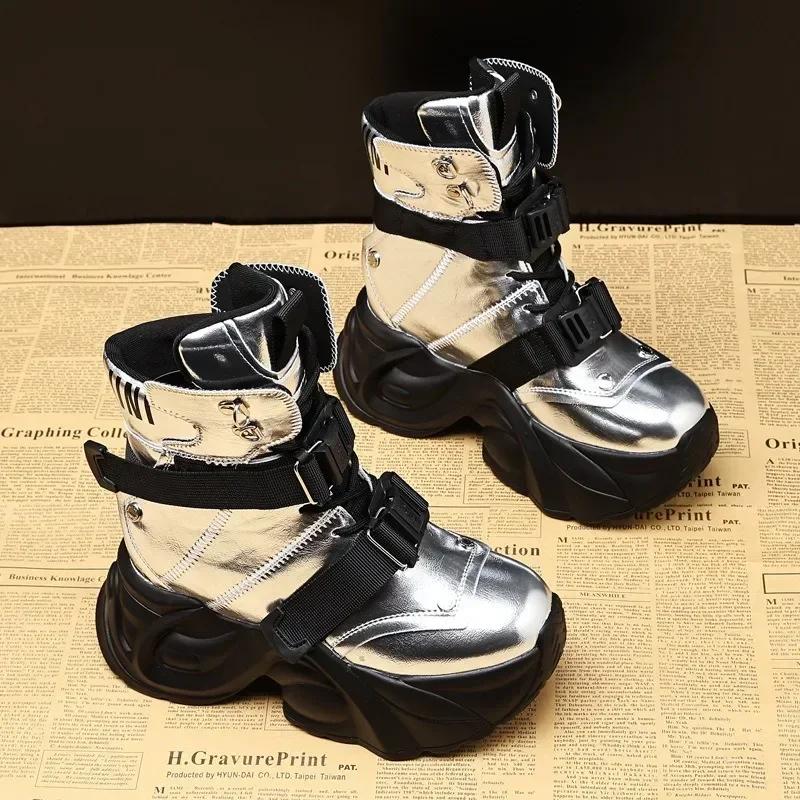 Fashion 2024 New High Quality 9cm Patent Genuine Leather Platform Wedge Ankle Booties Women Fashion Chunky Sneakers Spring Autumn Shoes