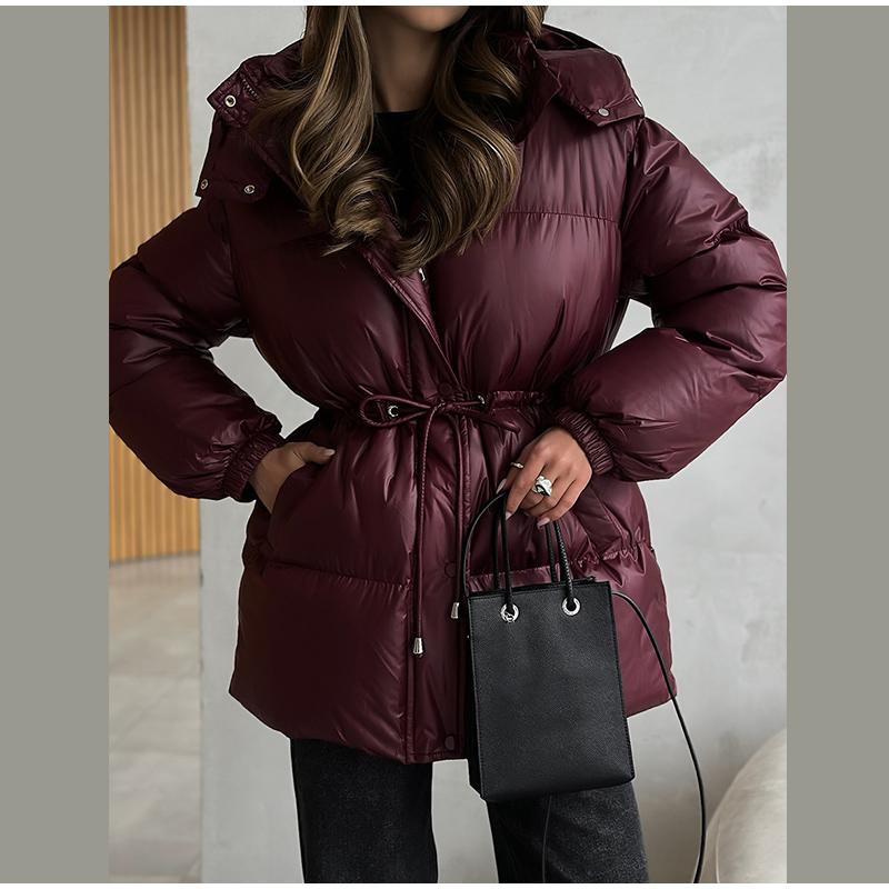 Solid Zipper Drawstring Puffer Jacket Quilted Water Resistant Loose Winter Warm Women Outerwear Daily Causal Coat