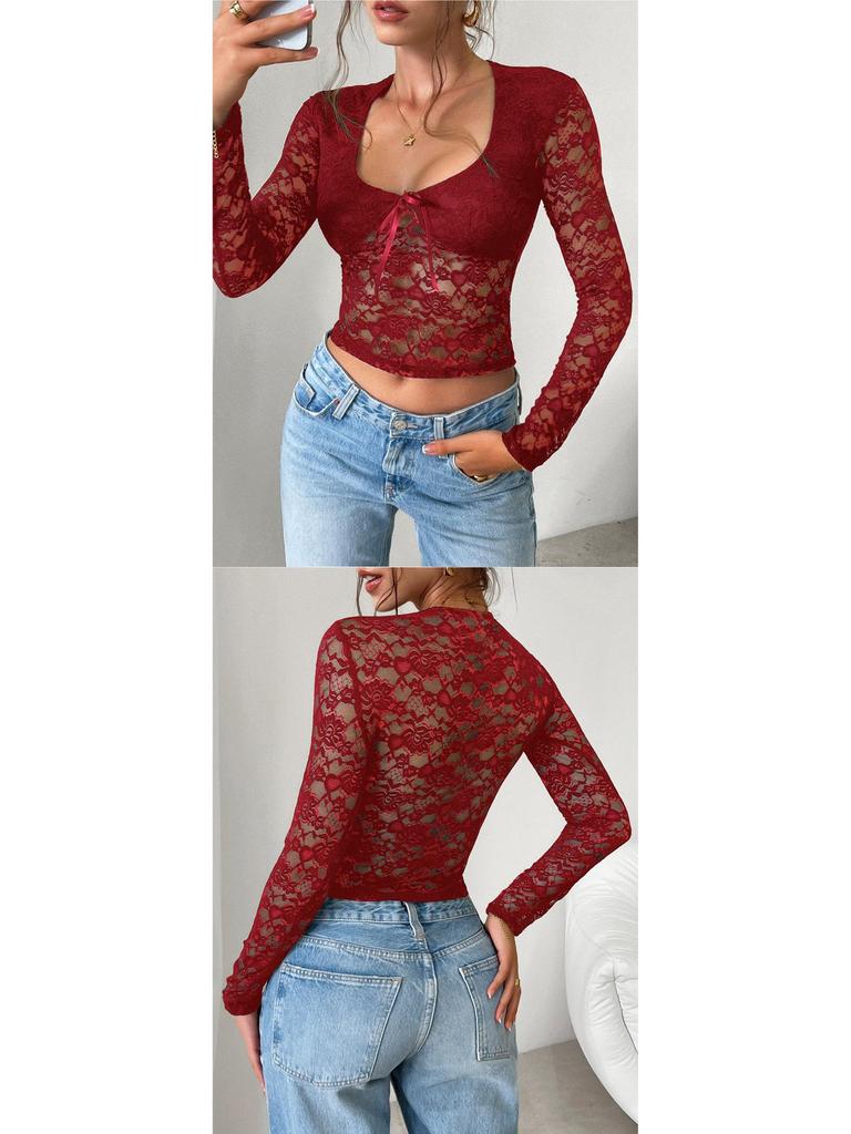 Spring/Summer European-American Sexy Slim Fit Hollow Out Long Sleeve Lace Top