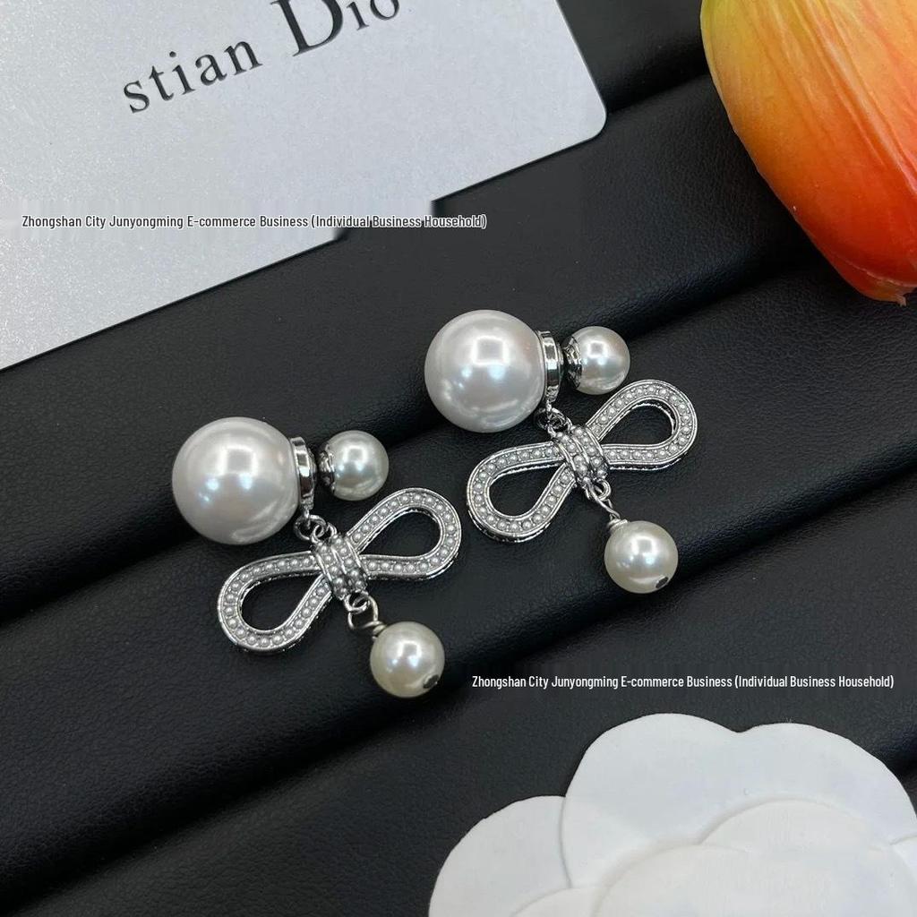 Di Jia D-House Two-Tone Tassel Bow Stud Earrings with Large & Small Pearls, Women's Fashion Luxury Style, 925 Silver.