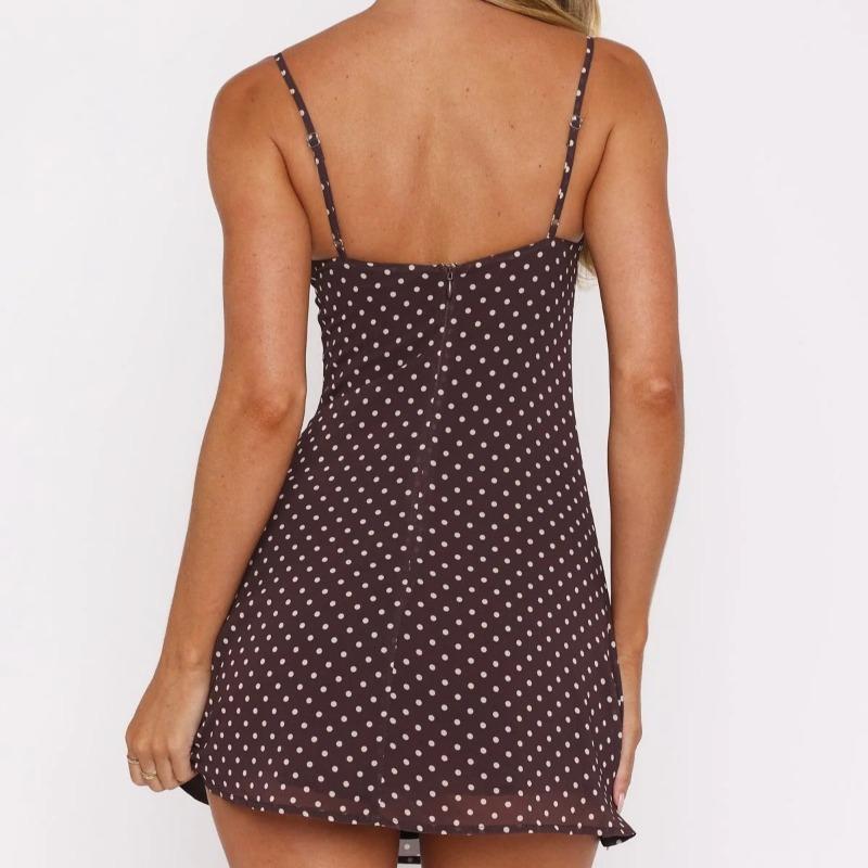 Summer Vacation Polka Dot Print Chest Suspender Dress Waist Mesh Sexy Low Cut Word Skirt