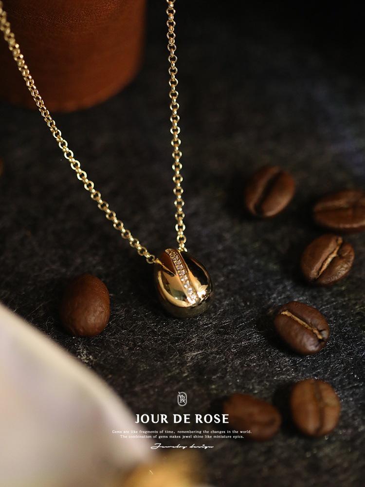 Gold-Plated S925 Sterling Silver Coffee Bean Pendant Necklace for Women White Gold