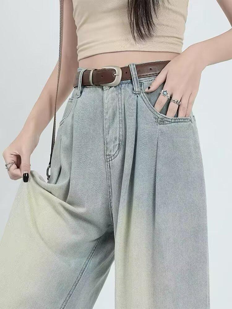 Plus Size Women's High Waist Wide Leg Drape Jeans - Autumn Retro Casual Pants