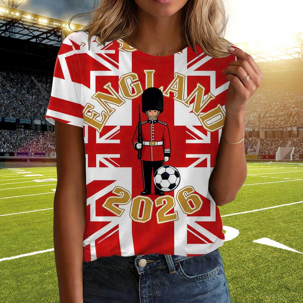 Ladies Casual Pullover T Shirt Short Sleeve Crew Neck Top with Letter Print for Football Support England 2026