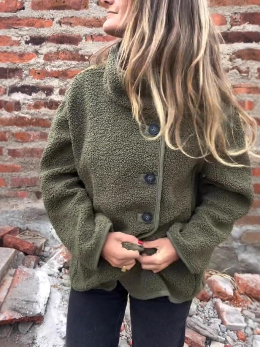 

2025 Autumn/Winter Fuzzy Lapel Coat: Warm, Loose, Buttoned Fleece M зелений