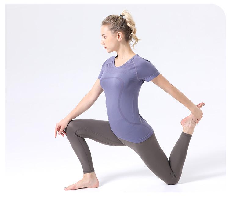 2.0 Evropský a americký jógový top s kulatým výstřihem: Dámský vysoce elastický fitness krátký rukáv