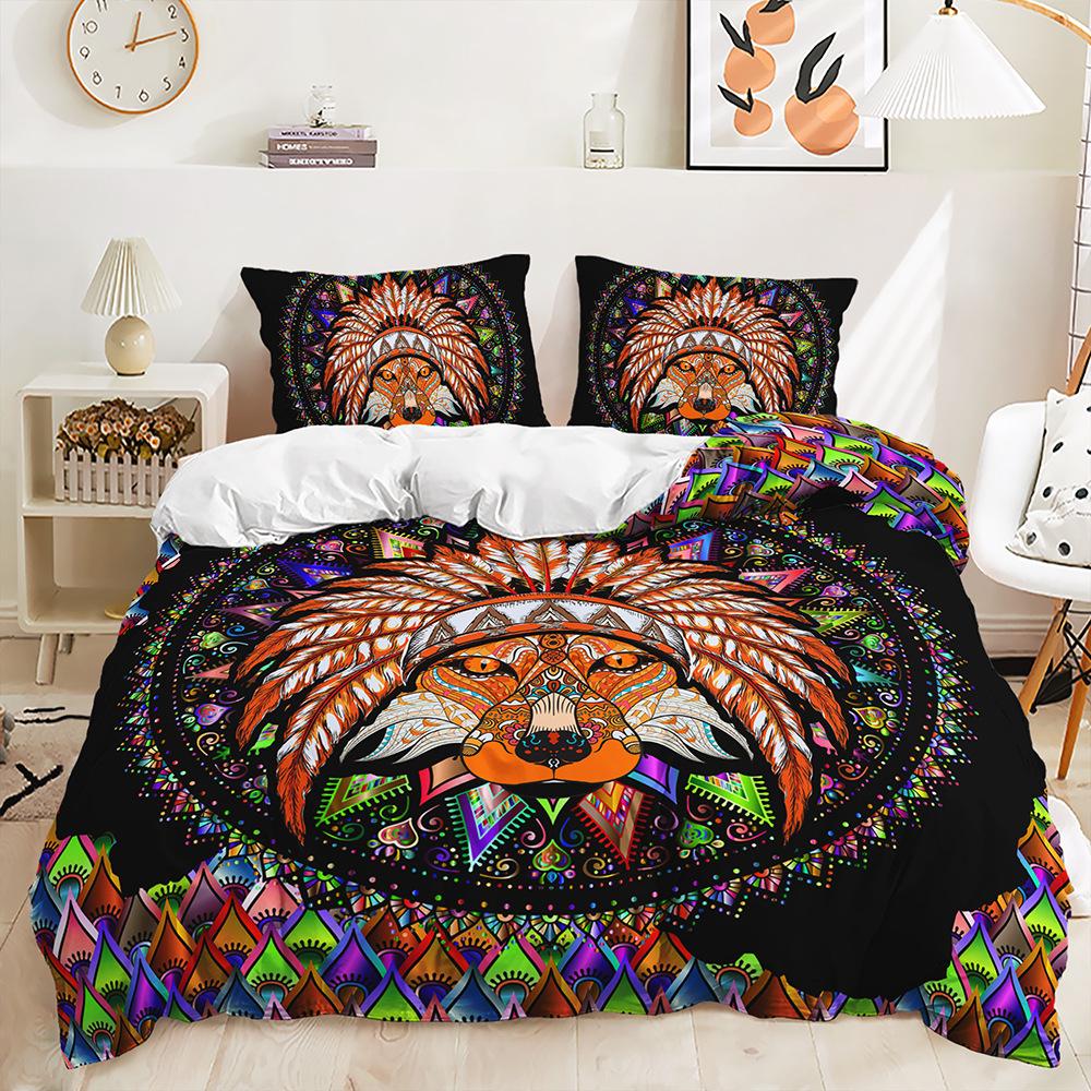 Three-Piece Ethnic Style Animal Wolf Totem Quilt Cover Bedding Kit