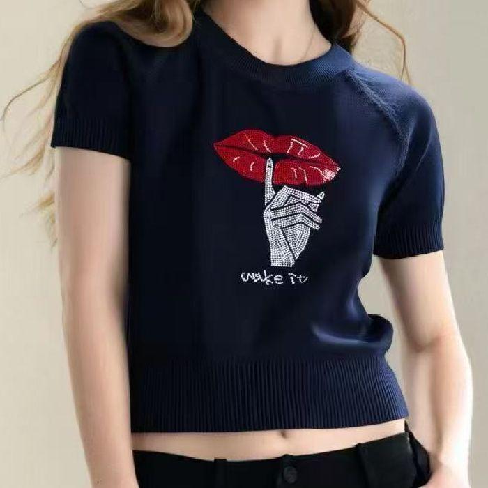 Cross-border Summer Rhinestone Round Neck Casual Ice Silk Knit T-shirt 