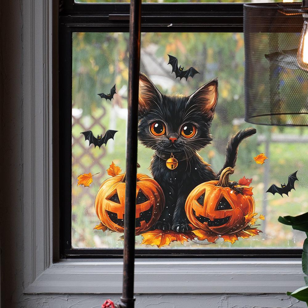 Halloween Cartoon Black Cat Pumpkin Glass Window Display Home Festival Decoration Static Window Stickers