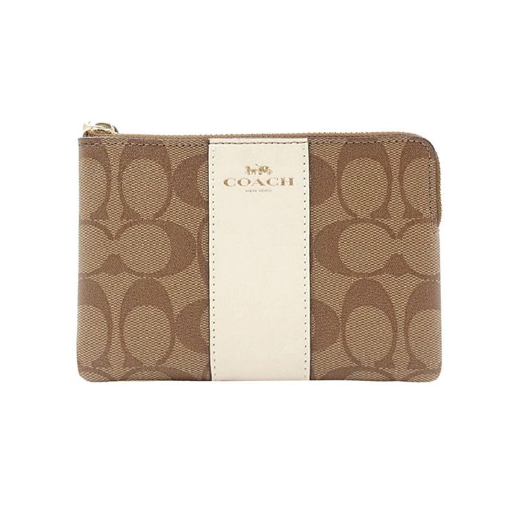 Coach Corner Zip 16 Monogram Leather Clutch Wristlet Women Clutch Khaki White 58035-IMDJ8 Basic Set (Bag+Dust Bag)
