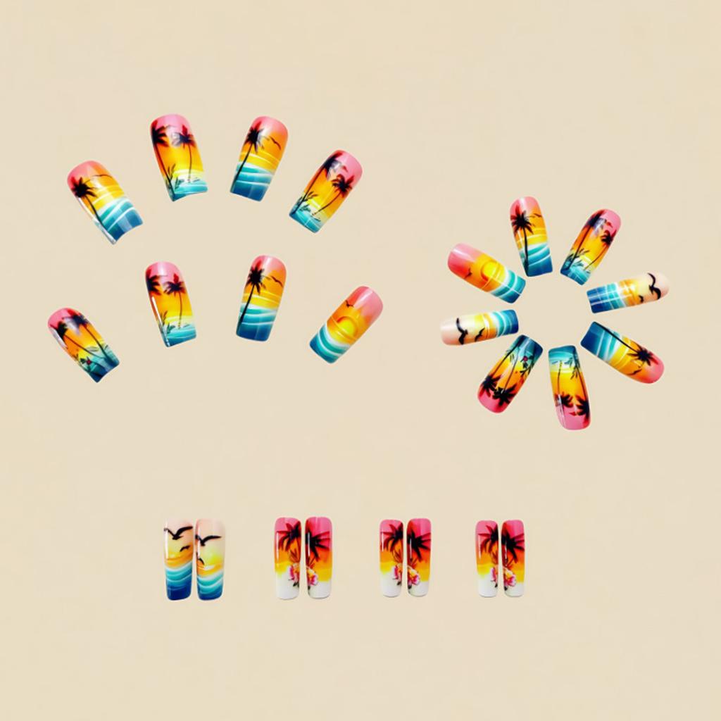 24 Pcs Seagulls Artificial Nail Medium Square Full Cover False Nail Glossy Stick on Nail Coconut Tree Press On Nail