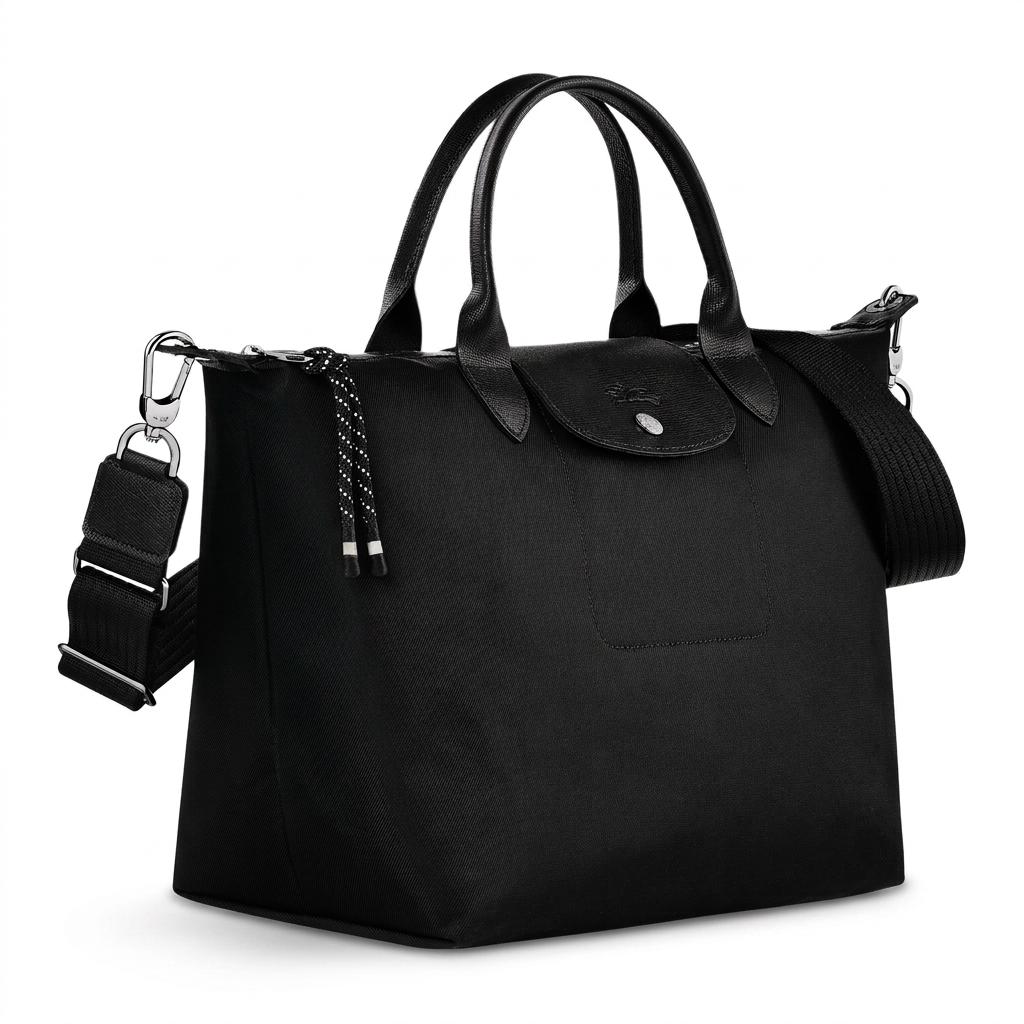 Longchamp Le Pliage Energy 32 Borsa Pieghevole a Forma di Raviolo Borsa a Tracolla in Tela Riciclata Media Borse da Donna Nero 1515HSR001