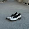 Sheepskin~ Platform Bow Retro High Heels Ballet Shoes Square Head Silver Thick Heel Mary Jane Shoes Women's Single Shoes
