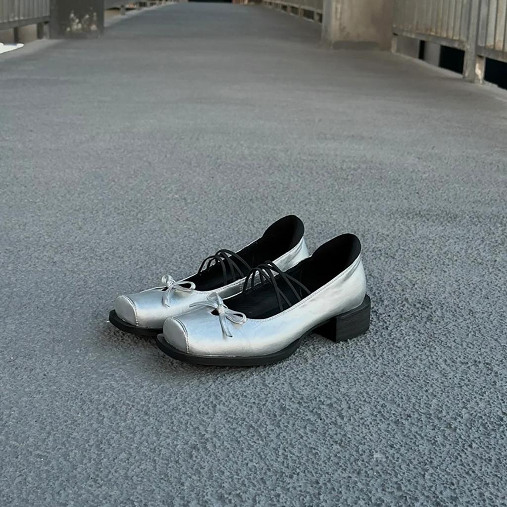 Sheepskin~ platform bow retro high heels ballet shoes square head silver thick heel Mary Jane shoes women's single shoes