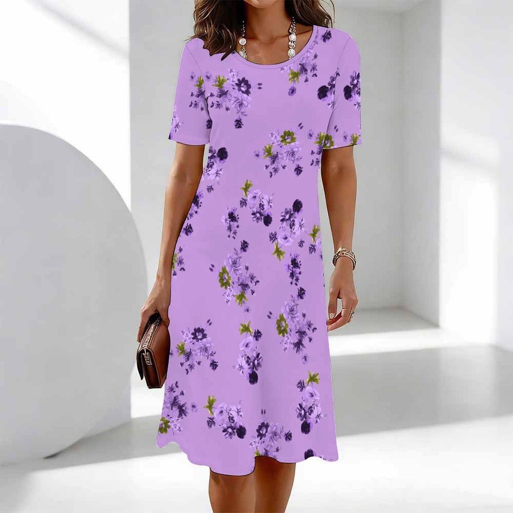 Women's Fashion Graceful Beautiful Flower Butterfly Print Summer Spring Short Sleeve O-Neck Casual Dresses