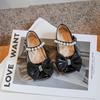 Children Fashion Girls Mary Janes Pearls Rhinestones Bow Simple Non-slip Kids Versatile Leather Shoes Simple Chic Princess Flats