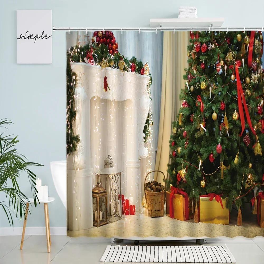 GAEMerry Christmas Shower Curtain Xmas Tree Fireplace Holiday Gifts Interior Old Decor Bathroom Waterproof Curtains With Hook