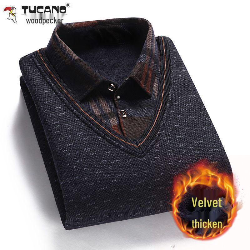 Maglione a due pezzi in maglia con revers foderato in pile da uomo Woodpecker per mezza età e anziani - Caldo abbigliamento invernale