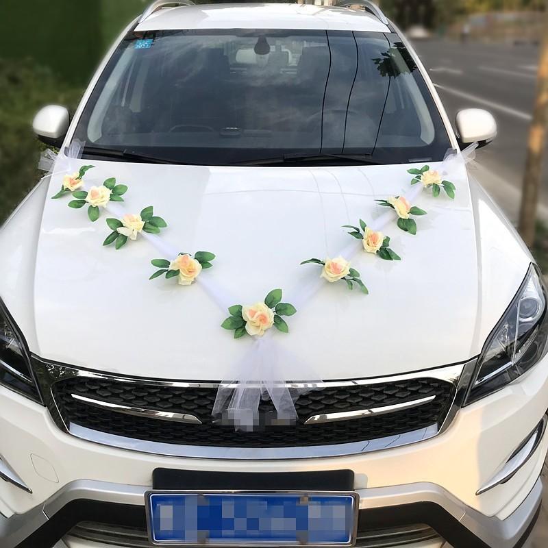 Soft Organza Tulle White Silk Rose Garland Romantic Wedding Car Front Hood And Door Handle Decoration Accessory