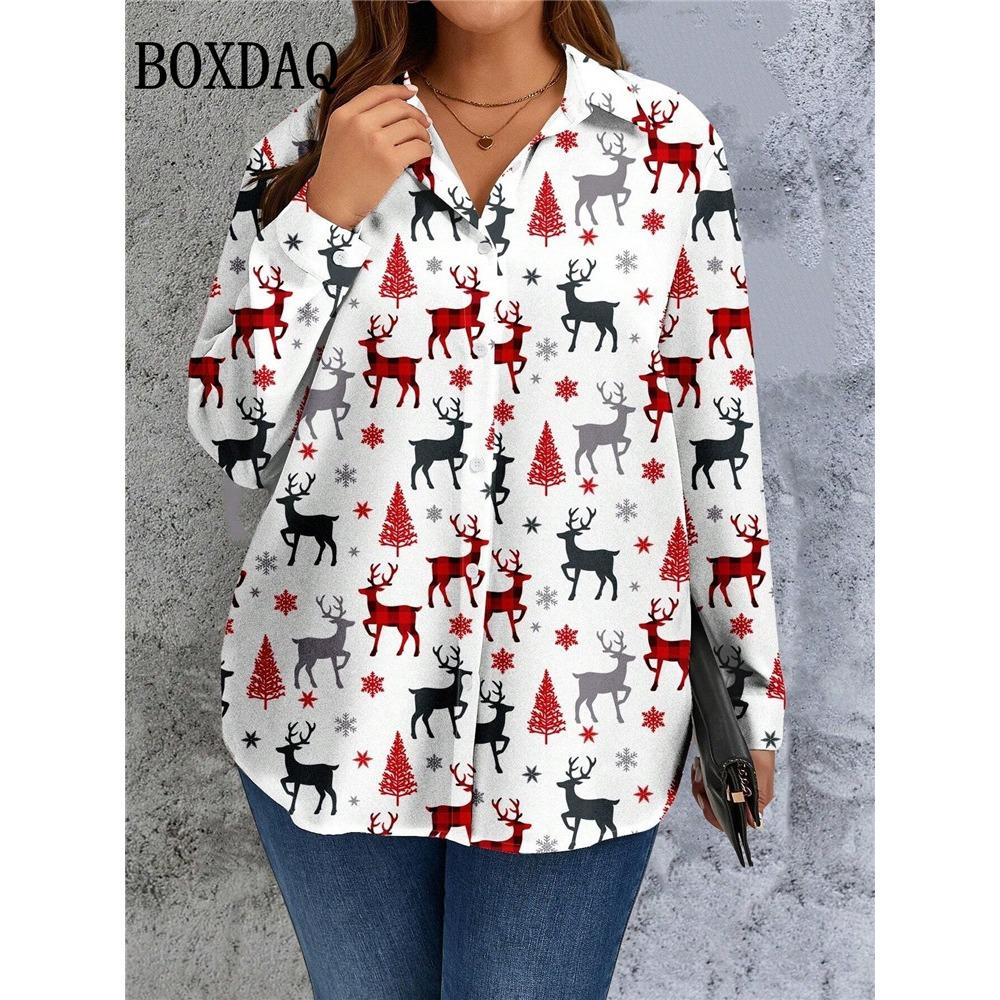 New Christmas Snowflake Theme Blouse Women's 3D Printed Gradient Fashion Long Sleeve Shirts Casual Blouse For Party Button