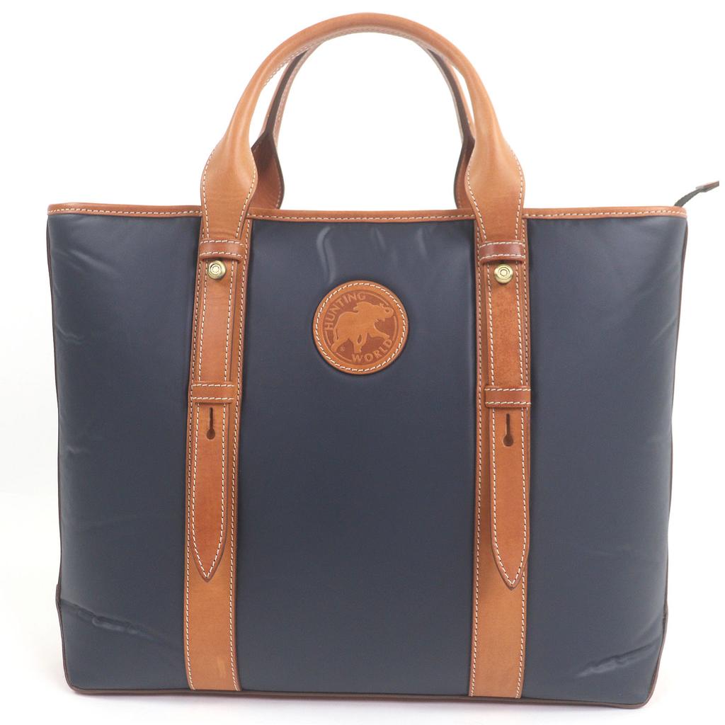 Excellent HUNTING WORLD Tote Bag Logo Patch Navy Brown Battling Cross Mens Used