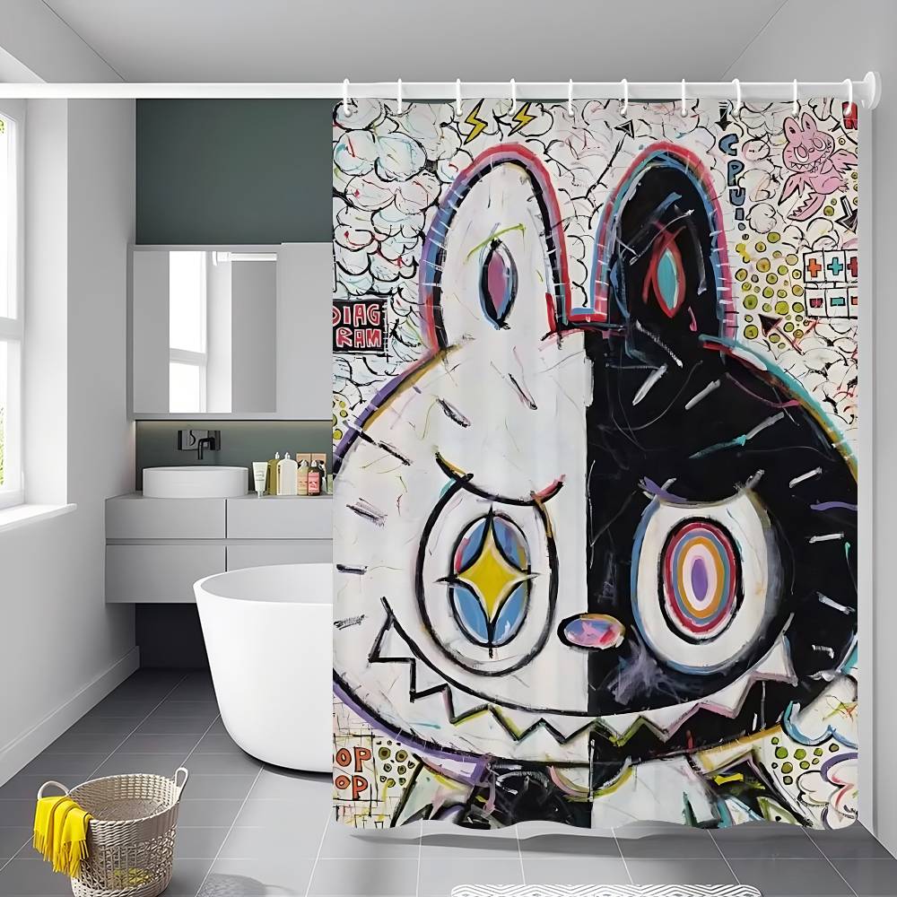 Cute L-labubu Cartoon Shower Curtain Bath Curtain Print Polyester Fabric Waterproof Bathroom Curtains With Hooks Bath Screen