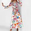 2026 Womens Floral Print A-Line Long Dress With Round Neck Single Button Detail High-Waisted Slim Fit Office
