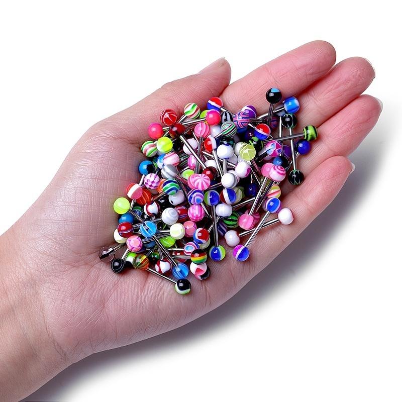 15/45/100pcs/Bag Women Men Fashion Rainbow Stainless Steel Tongue Piercing Ring Mix Tongue Barbell Ear Nipple Piercing Ring Pircing Jewelry