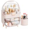 Cream-Style Makeup Storage Box: Dustproof Flip Lid Organizer with Drawer & Brush Holder