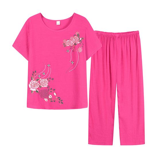 2 Pcs/Set Women Top Pants Set O Neck Flower Print Grandma Style Elastic Waists Summer Pajamas Set for Daily Wear