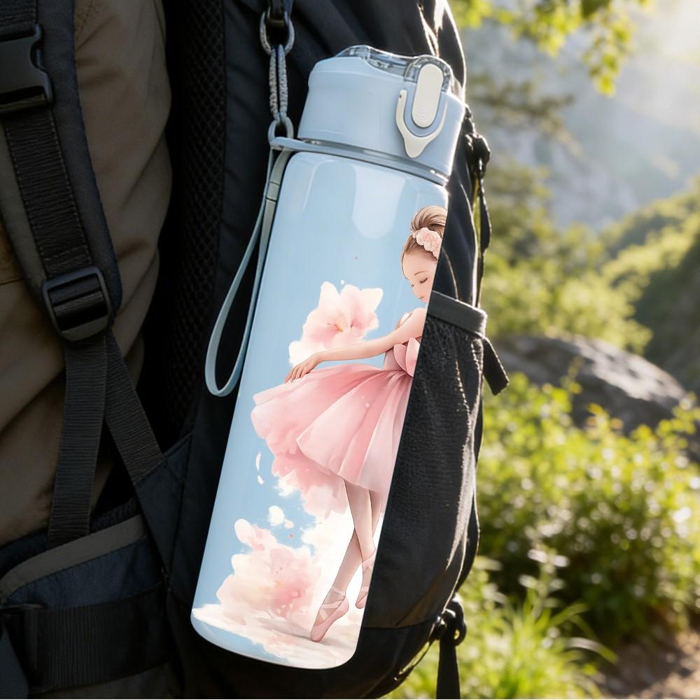 1PC Little Ballerina Girl Soft Art Print 750ml Color Plastic Sports Water Bottle Leakproof Flip Straw Lid Suitable for Sports Office Home Use