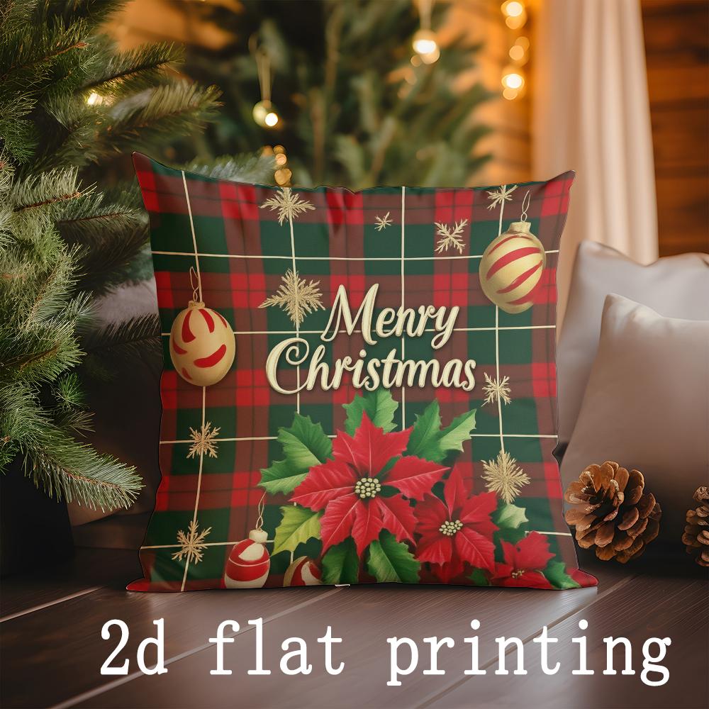 Home Decor Christmas Plaid & Poinsettia Merry Pillow Covers Pattern Cushion Cover Suitable for Sofa Bedroom Car Pillow Cover