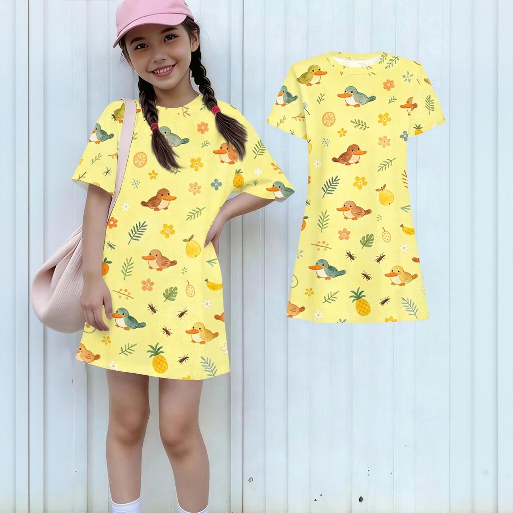 Girls Animal Print Dress Kids Loose Fit Short Sleeve Round Neck Lightweight Casual Dress for Children Summer Wear