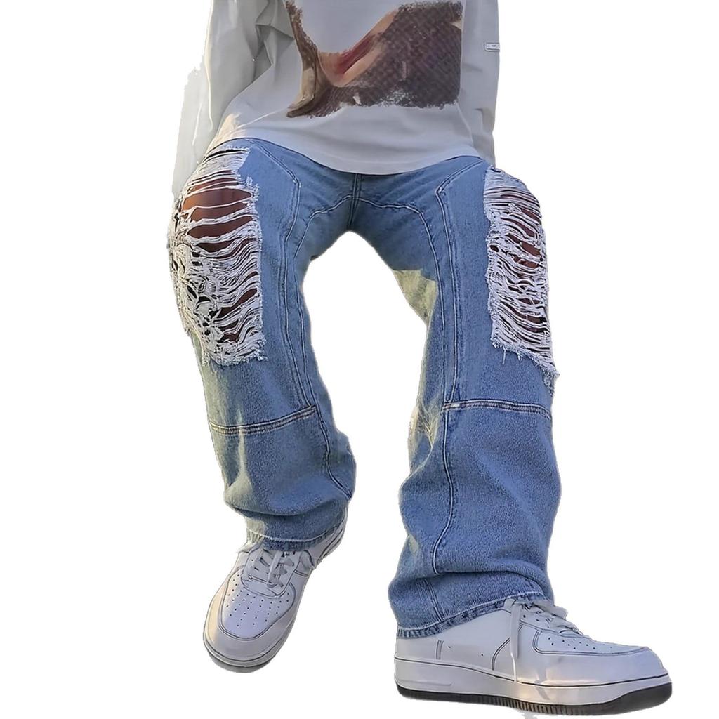 Tooling Trousers Hip-Hop Wind Ripped Jeans Men'S Loose Straight Casual Trend New