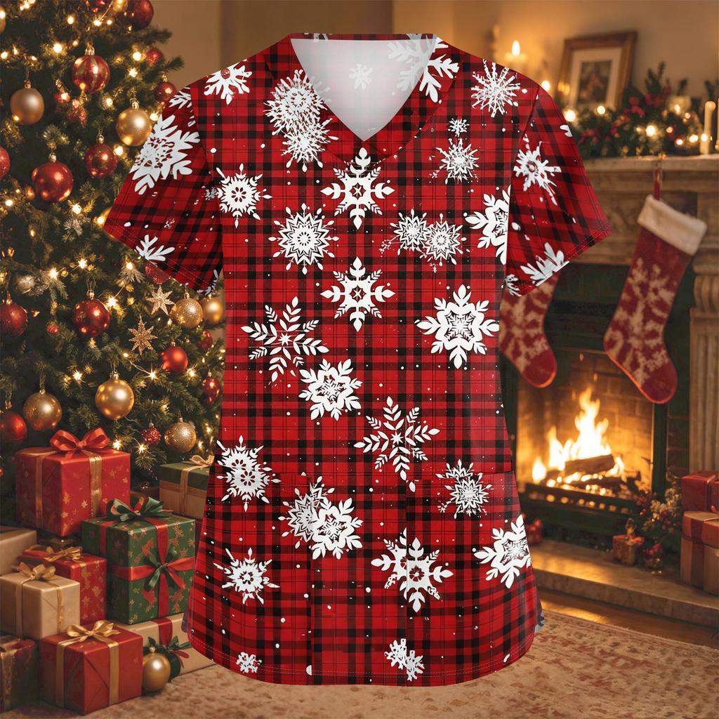 Women's V-Neck Short Sleeve Christmas Print Work Tunic Top with Pockets and Side Slits