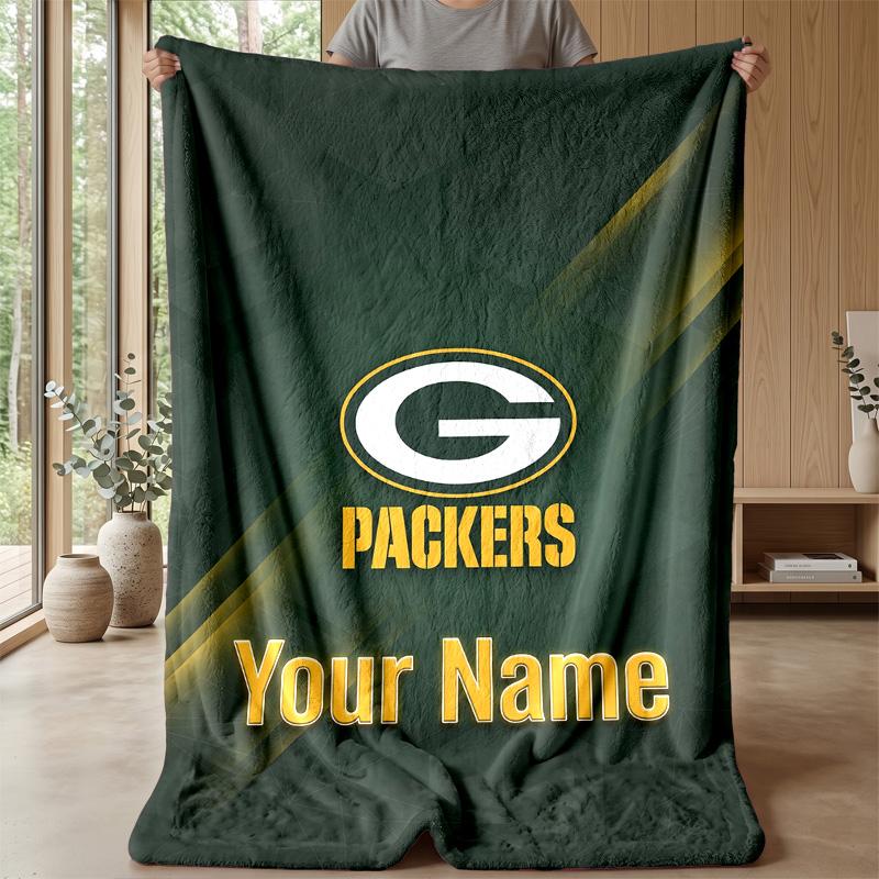Green Bay Packers Custom Flannel Throw Blanket Print Your Name Text Soft Warm Blanket Holiday Present