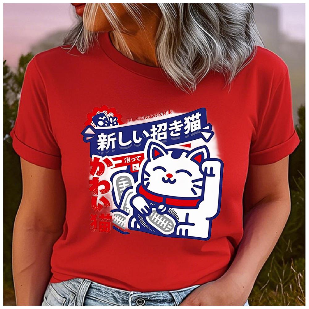 Unisex 100% Polyester Loose round Neck T-Shirt Casual Short Sleeve Fashion Top for Summer - Cat Lovers Design