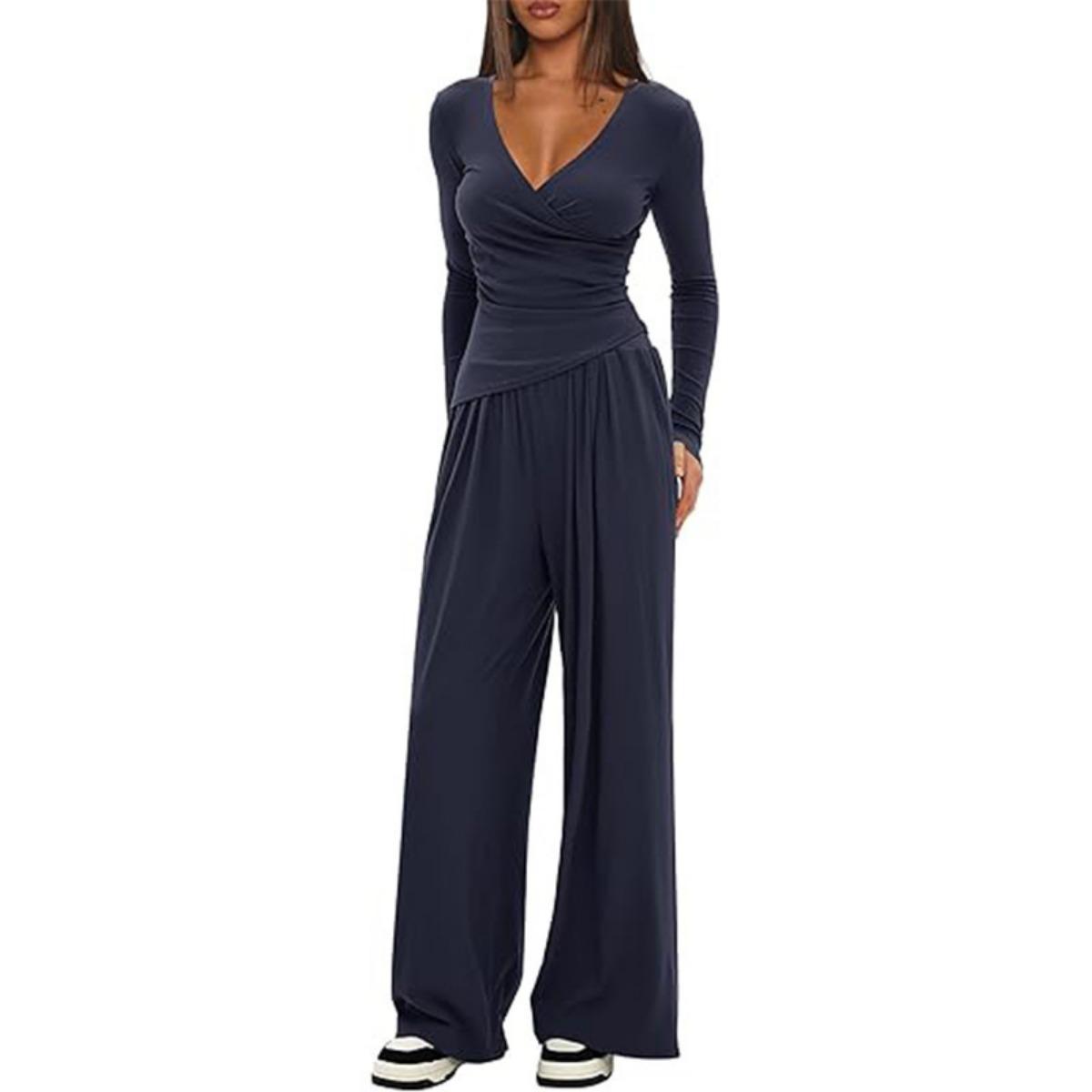 

Solid color 2-piece casual set, knitted V-neck long sleeved wide leg pants, casual matching with sports set XS темно-синий