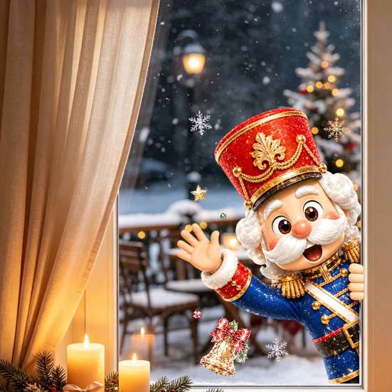 Festive Glass Ornament Christmas Static Window Clings, Removable Decals, Snowman Santa Reindeer Nutcracker Transparent Decorative Stickers with
