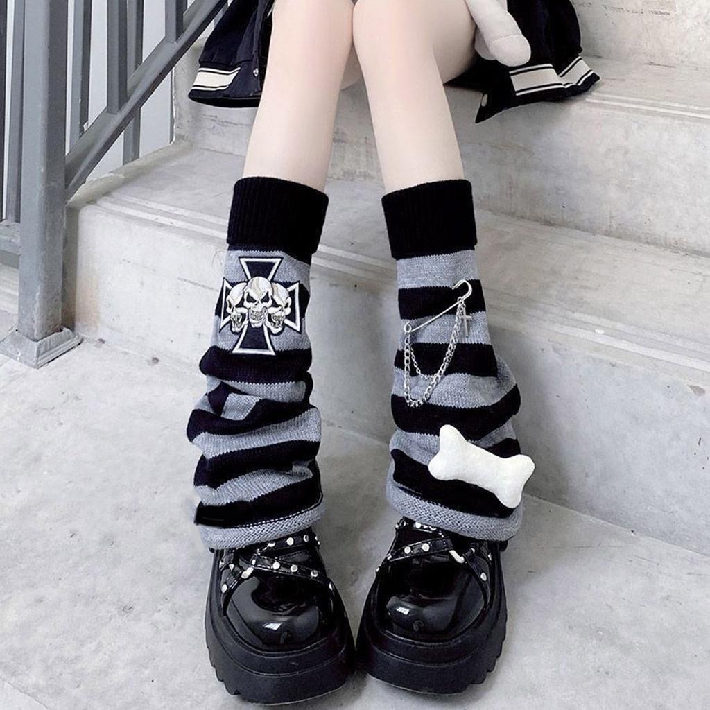 Gothic Women Leg Warmers Harajuku Punk Bone Skull Crosses Flared Knitted Foot Cover Winter Warm Long Socks Streetwe