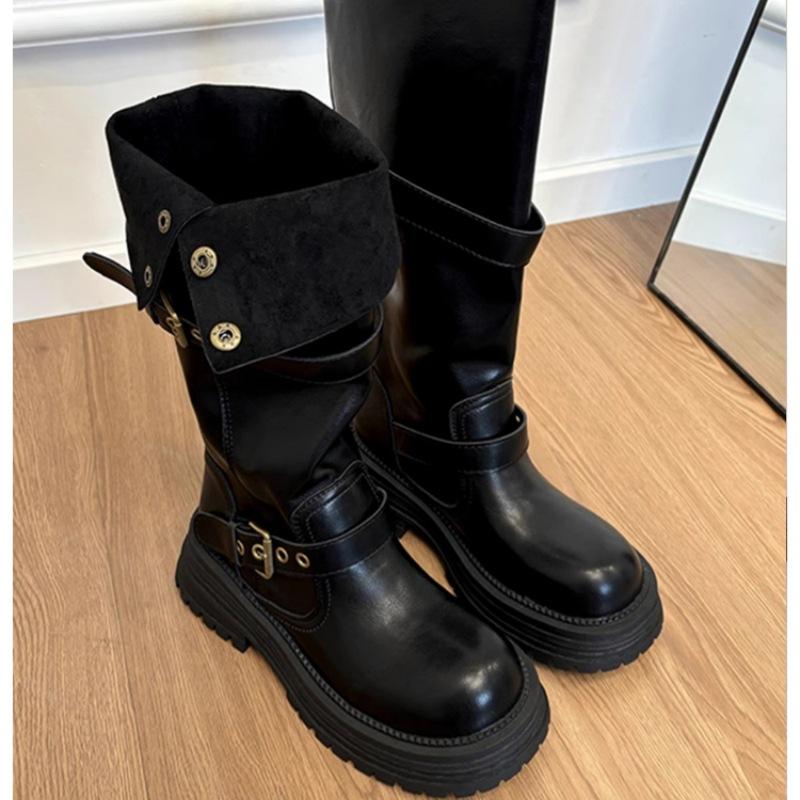 Cowhide version~ thick-soled heightening boots women's autumn and winter versatile British style thick heel Maillard retro knight boots