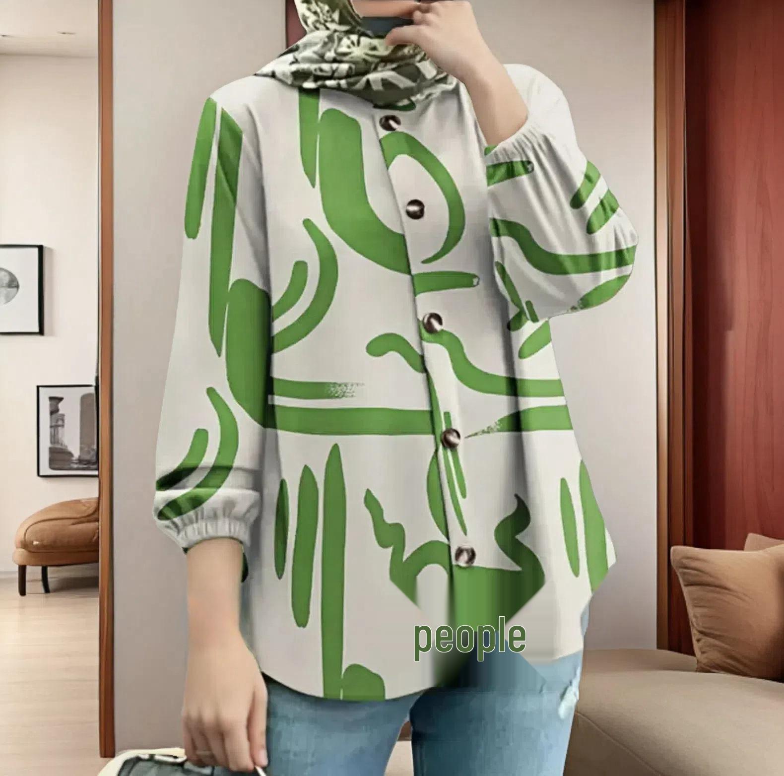 

New Arrival: Plus Size Women s Puff Sleeve Print Button Shirt M трава зеленый