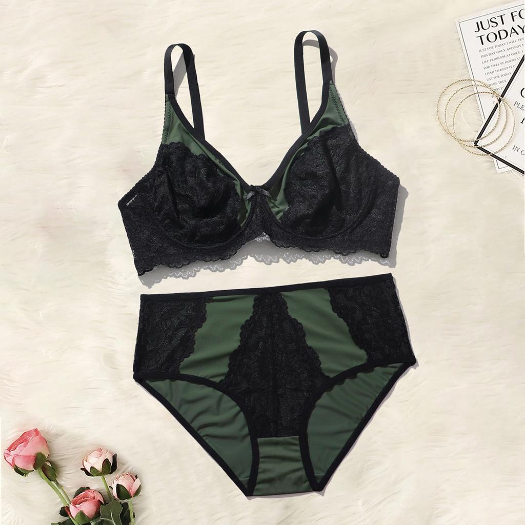 European and American Plus-size Women's Bra and Panty Sets Underwire Underwear Full-cup Translucent Lace Panties