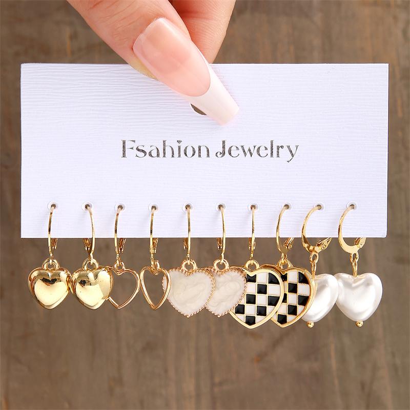 Fashion Black Heart Butterfly Earring Set For Women Y2K Checkerboard Resin Multi-layered Yinyang Heart Dangle Metal Jewelry